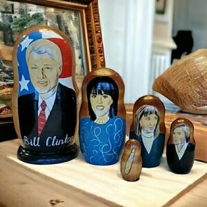 Wooden Hand Painted Russian 5 Piece Matryoshka Nesting Dolls Clinton Scandal